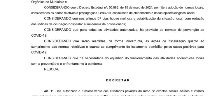 Prefeitura publica decreto com a liberação de eventos sociais