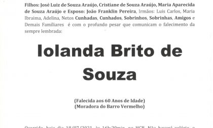 NOTA FÚNEBRE – IOLANDA BRITO DE SOUZA