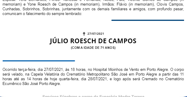 NOTA FÚNEBRE – JÚLIO ROESCH DE CAMPOS