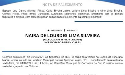 NOTA FÚNEBRE – NAIRA DE LOURDES LIMA SILVEIRA