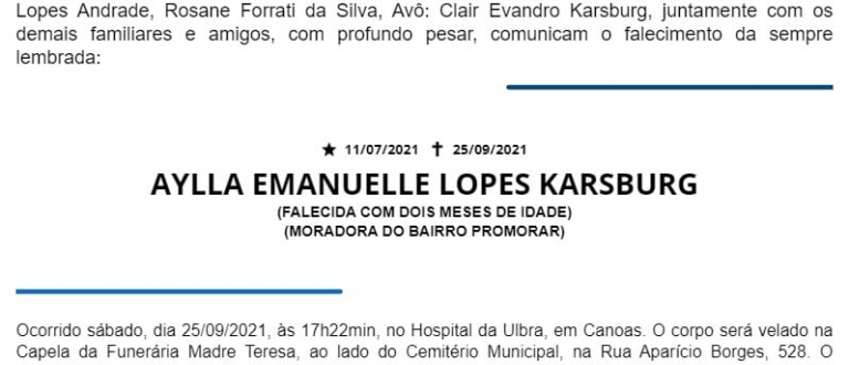 NOTA FÚNEBRE – AYLLA EMANUELLE LOPES KARSBURG (FALECIDA COM DOIS MESES DE IDADE)