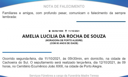 NOTA FÚNEBRE – AMELIA LUCILIA DA ROCHA DE SOUZA