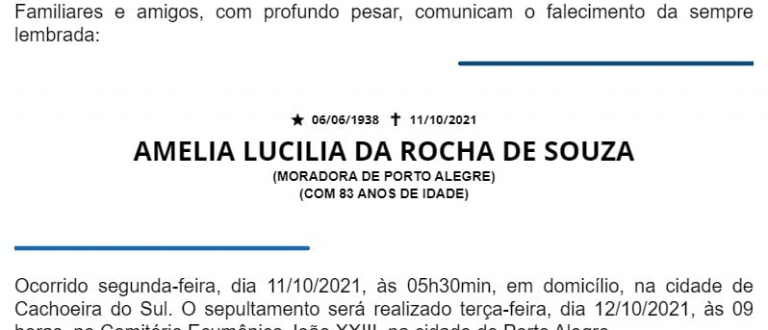 NOTA FÚNEBRE – AMELIA LUCILIA DA ROCHA DE SOUZA