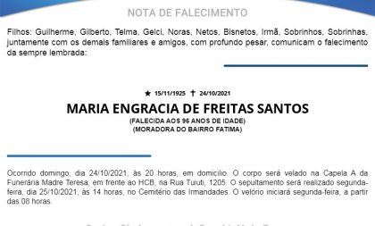 NOTA FÚNEBRE – MARIA ENGRACIA DE FREITAS SANTOS