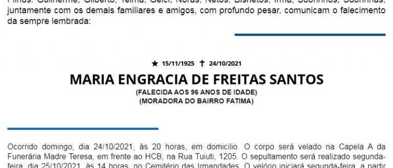 NOTA FÚNEBRE – MARIA ENGRACIA DE FREITAS SANTOS