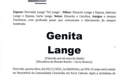 NOTA FÚNEBRE – GENITA LANGE