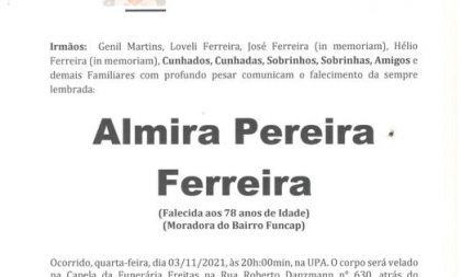 NOTA FÚNEBRE – ALMIRA PEREIRA FERREIRA