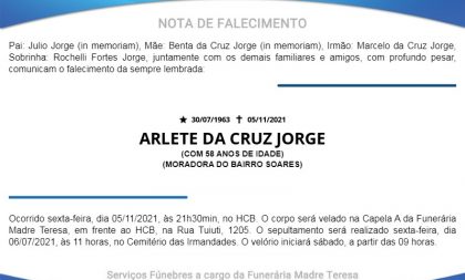 NOTA FÚNEBRE – ARLETE DA CRUZ JORGE