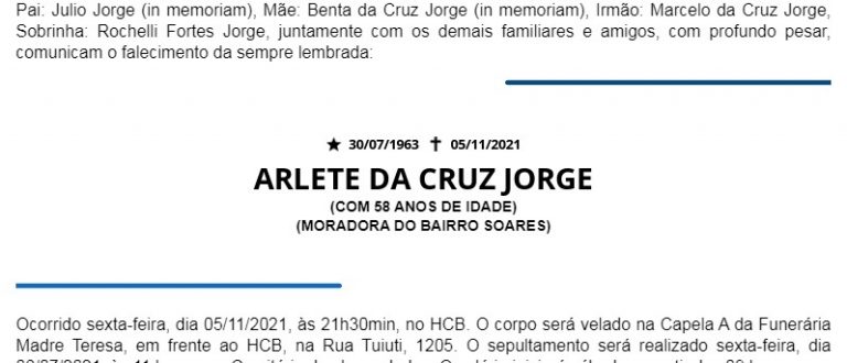 NOTA FÚNEBRE – ARLETE DA CRUZ JORGE