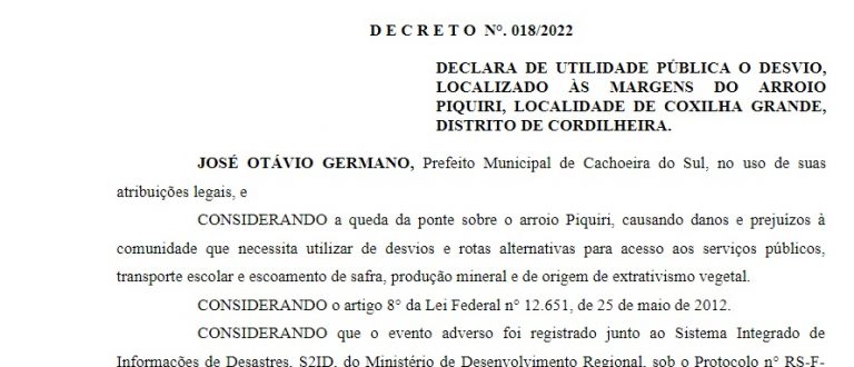 Prefeitura declara desvio às margens do Arroio Piquiri de “utilidade pública”
