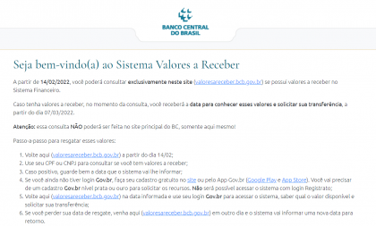 Banco Central terá site exclusivo para consultar valores a receber