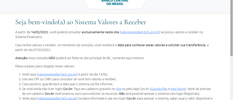 Banco Central terá site exclusivo para consultar valores a receber