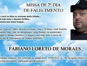 Convite para missa de 7º dia de falecimento – FABIANO LORETO DE MORAES