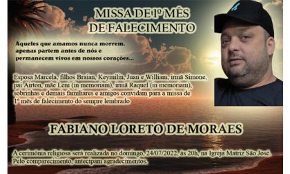 Convite para missa de 1º mês de falecimento – FABIANO LORETO DE MORAES