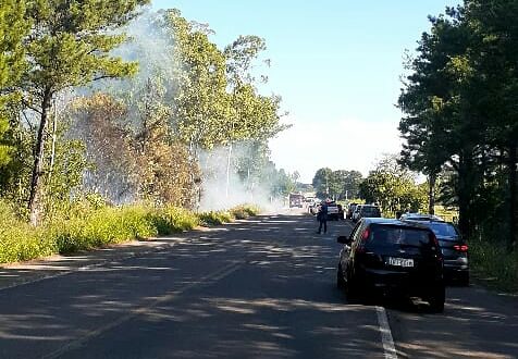 Bombeiros combatem incêndio à beira da BR-153