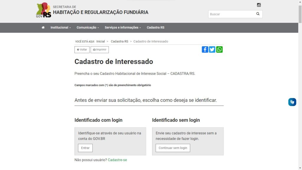 Cadastra RS: ferramenta do governo do RS visa facilitar acesso do cidadão às políticas públicas da área habitacional / Foto: Reprodução