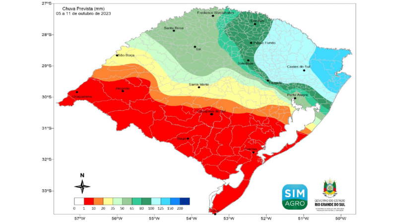 Área em vermelho no mapa, que pega boa parte da área territorial de Cachoeira do Sul, indica menor volume de chuva para os próximos dias