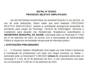 Saúde promove processo seletivo