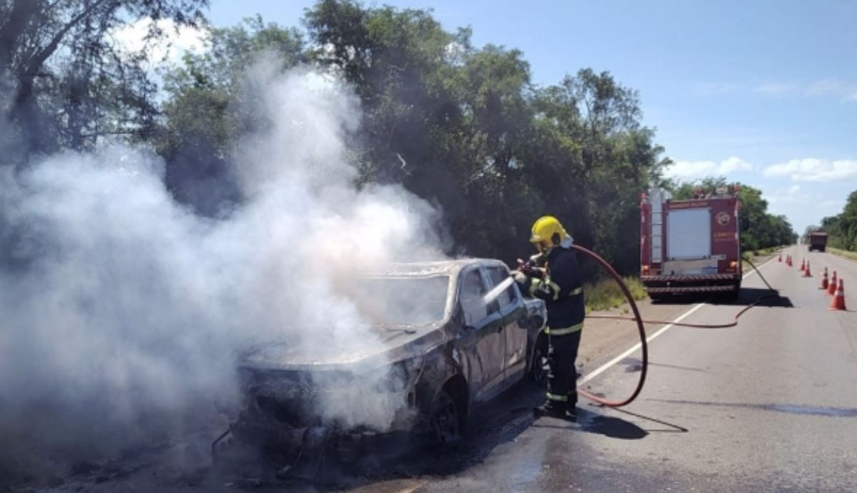 Fogo na BR-290: Corpo de Bombeiros pouco pode fazer para evitar que as chamas consumissem caminhonete / Foto: Divulgação