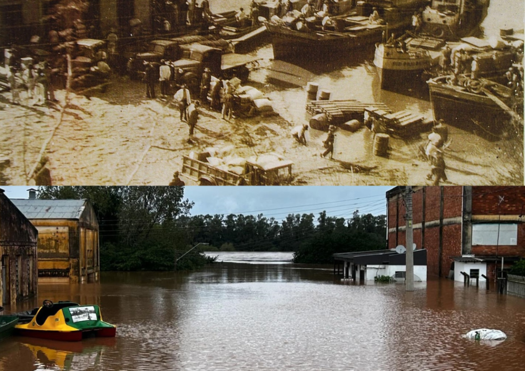 Enchentes de 1941 e 2024: 83 anos, enchente histórica é superada com larga margem de superioridade e contornos trágicos de proporções desconhecidas que só crescem a cada momento / Fotos: Arquivo Histórico e Jacuhy Ambiental