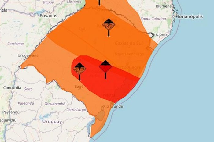 Grande perigo: Cachoeira do Sul está entre os municípios situados na faixa vermelha do mapa de alerta do Inmet / Foto: Inmet/Divulgação