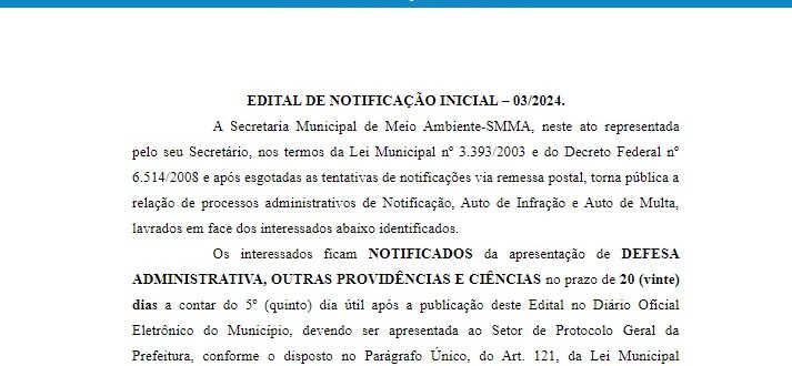 Secretaria de Meio Ambiente divulga notificações em edital