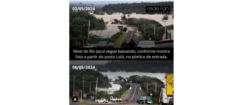 Antes e depois: fotos captadas do mesmo ponto mostram visualmente o recuo do Rio Jacuí / Fotos: Rafa Bordignon/Fan FM/Portal Cabrais