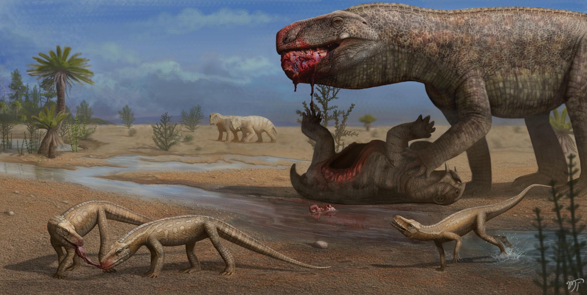 Paisagem do Triássico Médio-Superior do Sul do Brasil mostrando um grande “Prestosuchus chiniquensis” se alimentando da carcaça de um dicinodonte enquanto dois indivíduos de “Parvosuchus aurelioi” competem por restos de alimento / Ilustração: Matheus Fernandes Gadelha