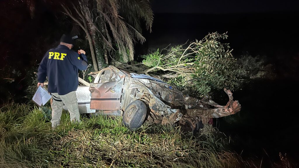 Acidente na BR-471: Fiat Palio onde estavam as seis pessoas que morreram no local ficou totalmente destruído / Foto: PRF/Divulgação