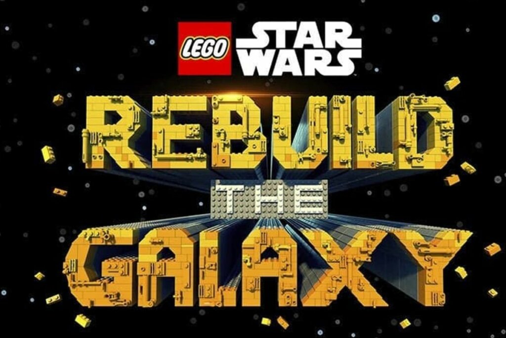 Capa da série LEGO Star Wars: Reconstruindo a Galáxia  com letras escrito o nome da série em amarelo em um fundo preto