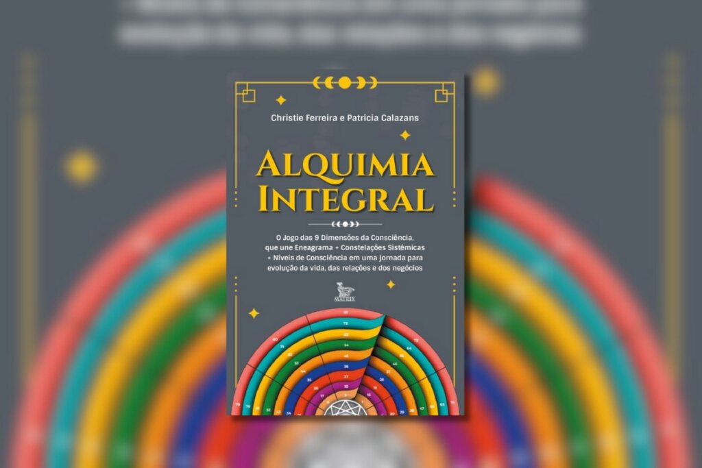 Ilustração de um arco-íris na capa do livro "Alquimia Integral"