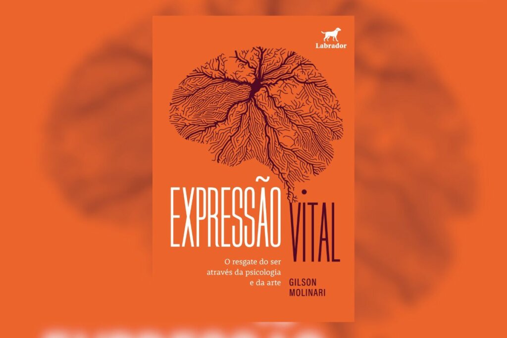 Capa do livro "Expressão Vital" com fundo laranja e a ilustração de um cérebro em forma de galho de árvore 