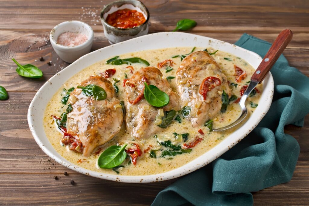 Frango ao molho de leite de coco com espinafre e tomate seco em travessa