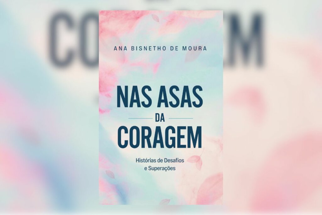 Capa do livro "Nas Asas da Coragem" com fundo rosa e azul-claro 