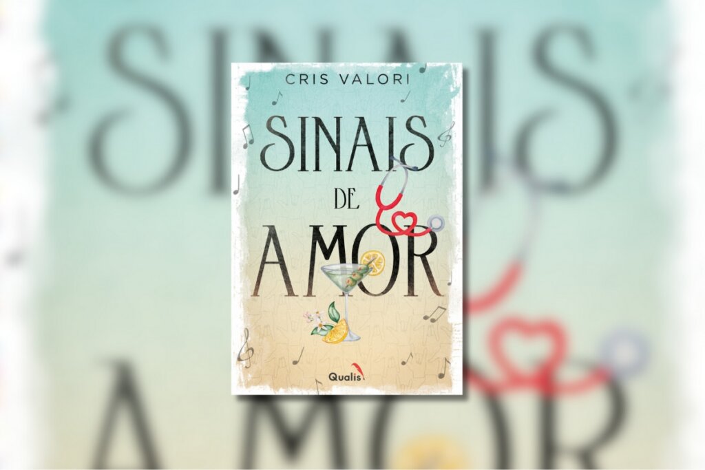 Capa do livro "Sinais de Amor" com um fundo azul e amarelo com a ilustração de borboletas e um estetoscópio