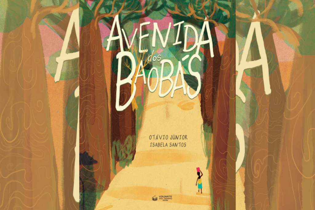 Capa do livro Avenida dos Baobás com a ilustração de uma pessoa andando em uma rua cheia de Baobás