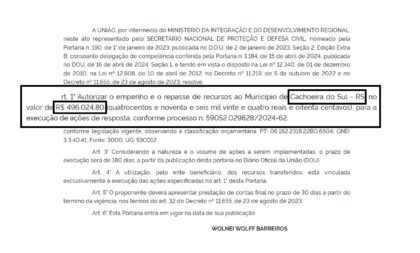 MIDR autoriza R$ 496 mil para Cachoeira do Sul