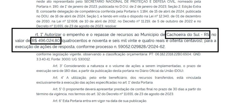 MIDR autoriza R$ 496 mil para Cachoeira do Sul