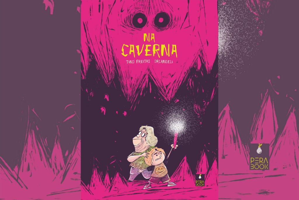 Capa do livro na Caverna, com a ilustração de uma caverna com um menino segurando uma luz e sua avó