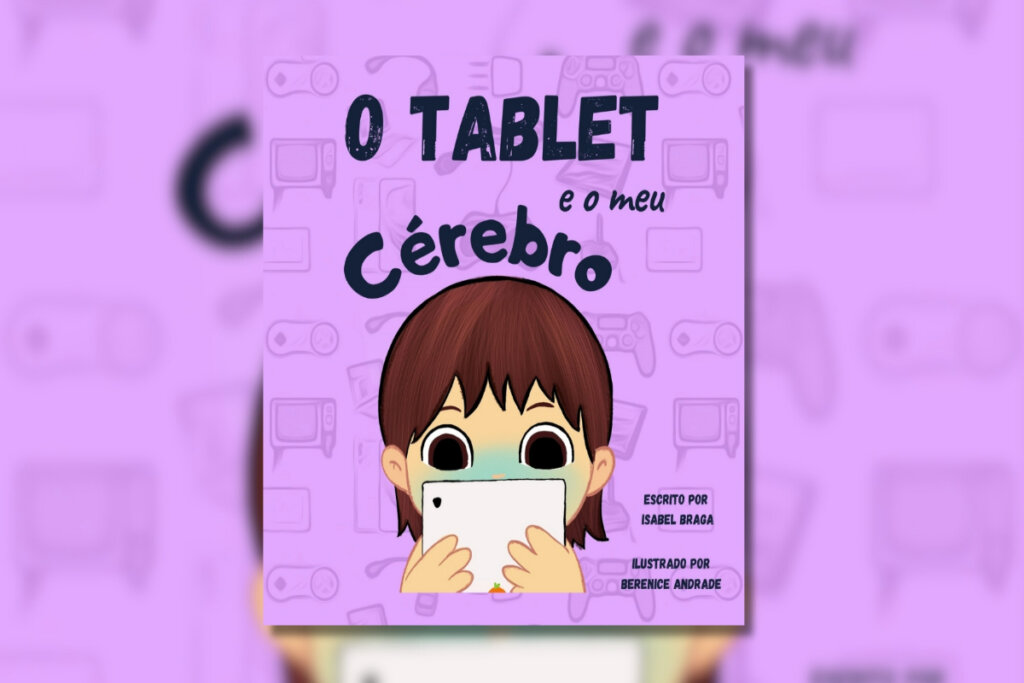 Capa do livro com a ilustração de uma criança mexendo em um tablet com o fundo roxo