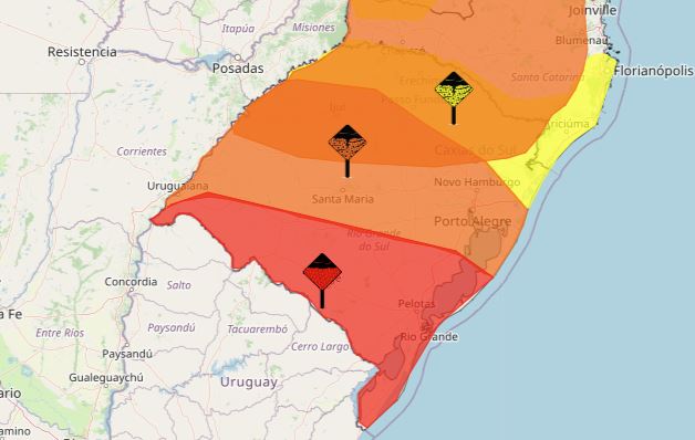 Rio Grande do Sul está todo envolto em zona de "grande perigo" e "perigo" durante esta terça-feira / Imagem: Inmet/Reprodução