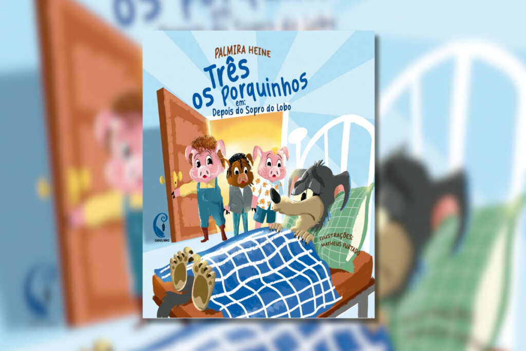 Capa de livro com ilustração dos três porquinhos e o lobo mau deitado na cama