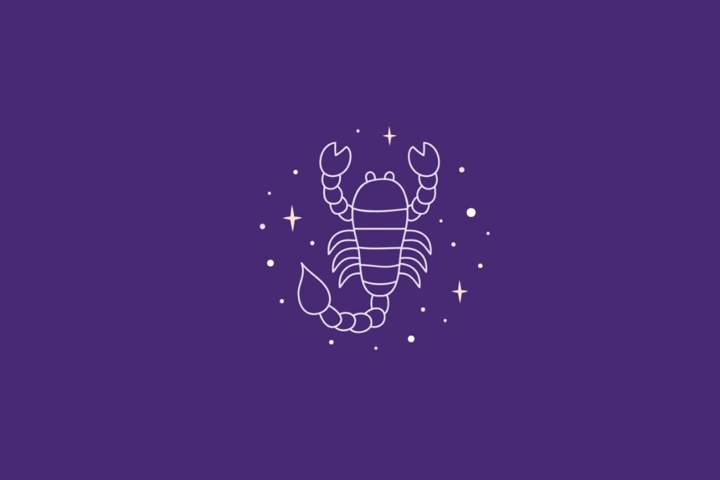 Ilustração do signo de Escorpião em um fundo roxo rodeado por estrelas