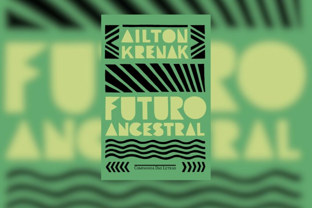 Capa do livro "Futuro Ancestral" com fundo verde e desenhos geométricos pretos 