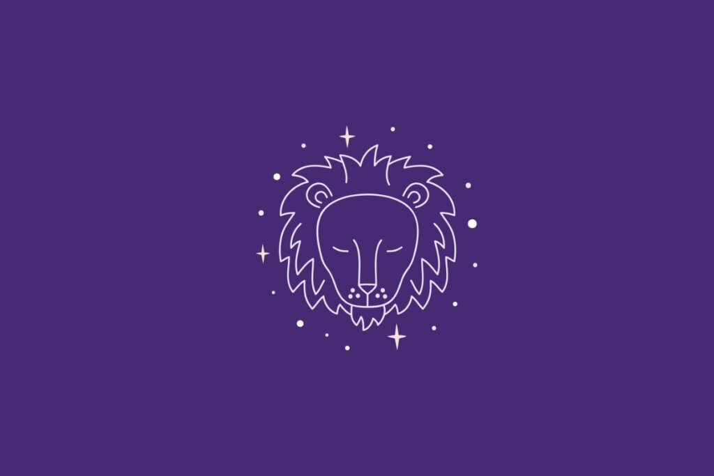 Ilustração do signo de Leão em um fundo roxo rodeado por estrelas