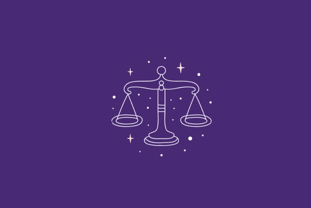 Ilustração do signo de Libra em um fundo roxo rodeado por estrelas