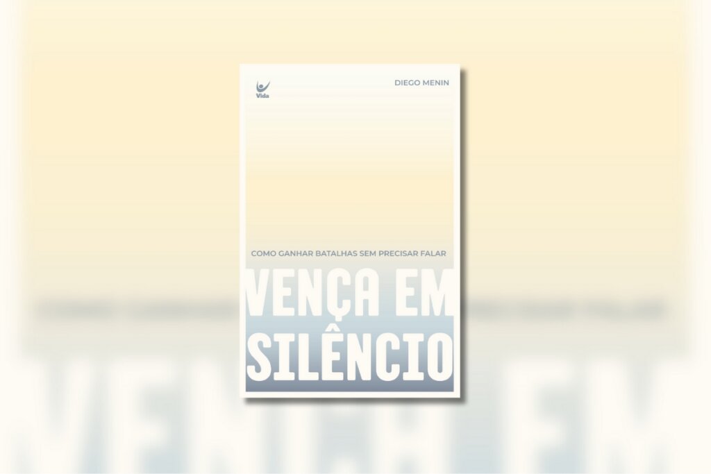 Capa do livro "Vença em silêncio" com as cores bege, branco e azul em degrade