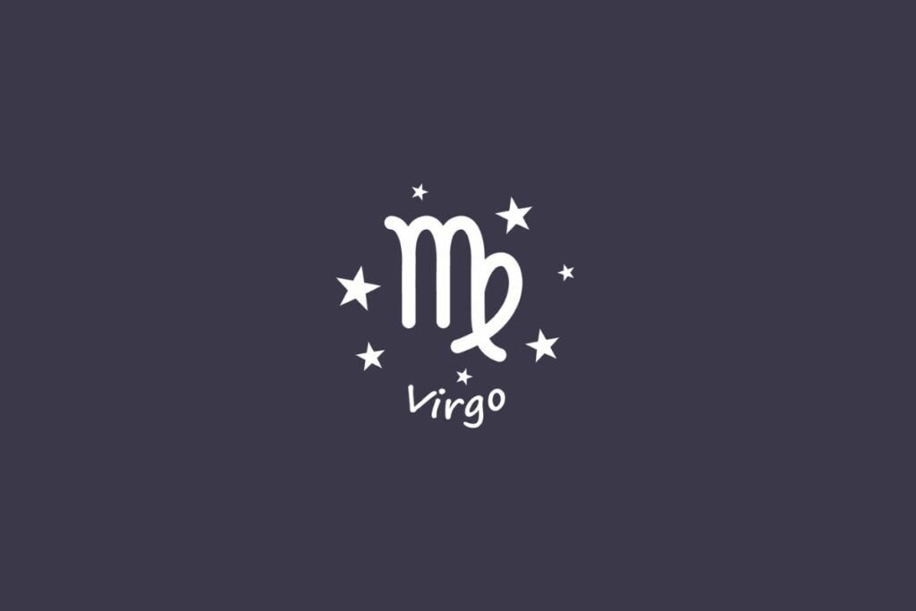 Ilustração do signo de Virgem em branco com estrelas em um fundo cinza