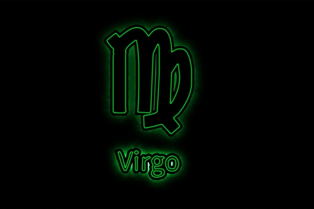 símbolo e nome do signo de virgem verde em fundo preto