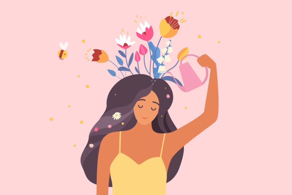 Ilustração de mulher se regando em plano de fundo rosa